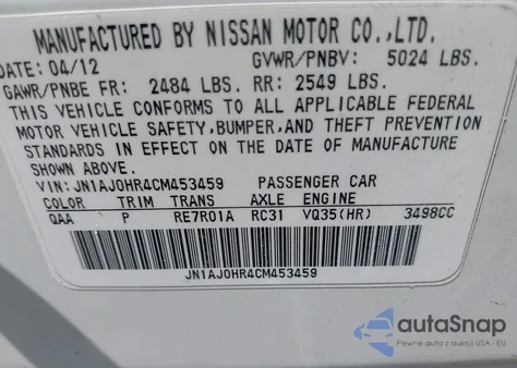 2012 Infiniti Ex35 Journey z USA, uszkodzony, nr VIN JN1AJ0HR4CM453459